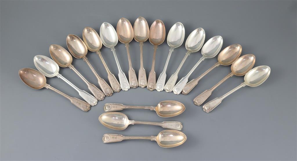 A set of eighteen Victorian silver double struck fiddle. thread and shell pattern dessert spoons, Emanuel Brothers,